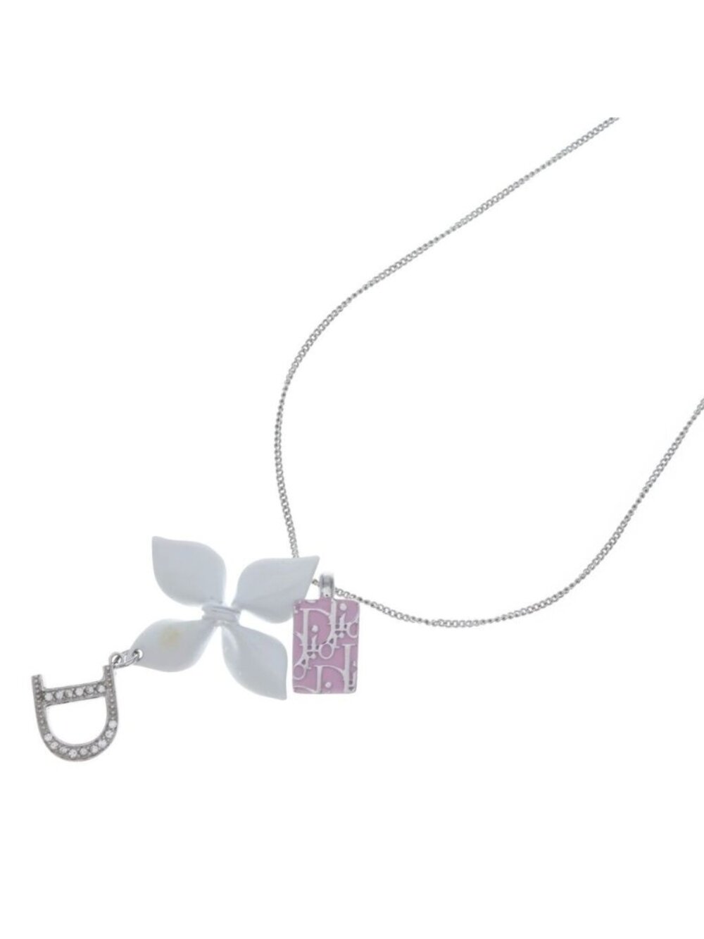 Dior White Flower Motif D Logo Charm Pendant Chain Silver Pink